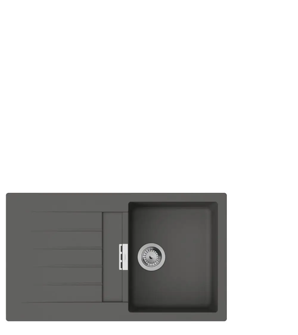 Einbauspüle in steingrau mit integriertem Abtropfbereich von Hansgrohe, rechteckigem Becken und Ablauf.